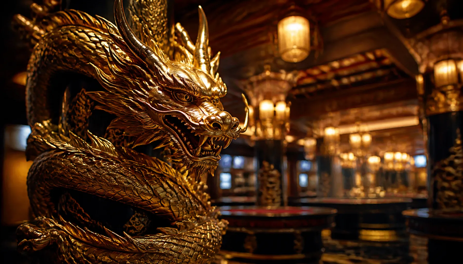 Cinematic close-up of iridescent dragon scale texture surrounding gleaming ancient gold coins in dramatic jewel-toned light